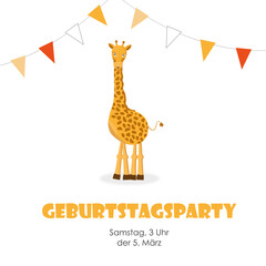 Invitation to the birthday party of a baby girl or boy in German (Geburtstagsparty) with a giraffe. Vector illustration