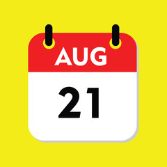 new calendar, 21 August icon with yellow background, calender