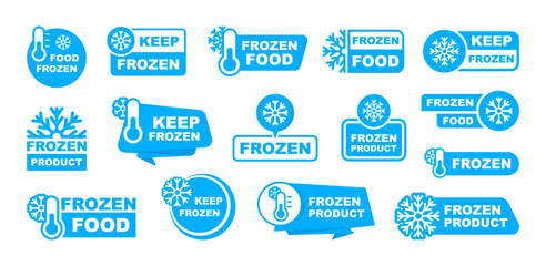 Frozen product label set. Keep frozen - badges for package product. Frozen food logo. Stickers with snowflake and thermometer. Storage in refrigerator and freezer. Vector illustration.