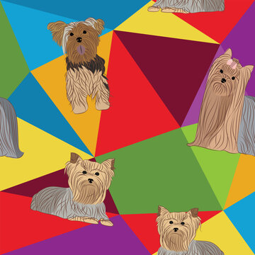 Yorkshire Terrier dog on a mosaic geometric background. Funky, colorful vibe, rainbow colors palette. Simple, clean, modern texture. Geometric, polygon style. Summer seamless pattern with dogs.
