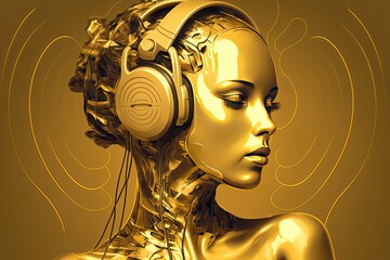Illustration of a female humanoid robot with headphones enjoying and feeling the music on a gold background. Generative AI