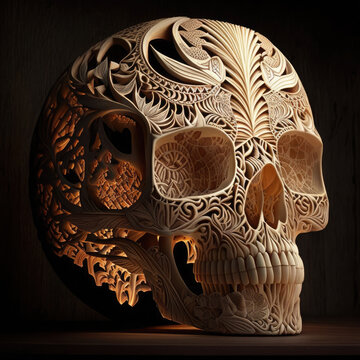 Beautifully intricated wood carving of a light pine skull. Black background. Generative AI