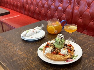 Afternoon tea with waffle and sweet dessert. Tea time break.
