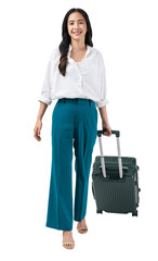 Cheerful young Asian woman holding suitcase with walking to the front, isolated on white...