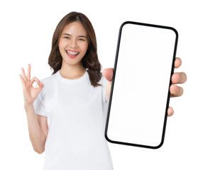 Beautiful Asian woman holding smartphone mockup of blank screen and shows ok sign on grey background.
