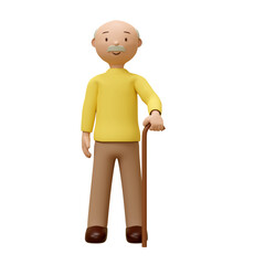 3d elderly man with walking stick