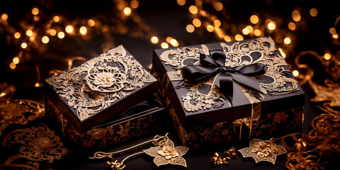 Luxury gift boxes with golden patterns and black ribbon, on blurred background with bokeh, concept for holidays. Generative AI