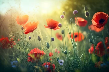 Foto op Plexiglas Red poppy flowers. Generative AI. © eyetronic