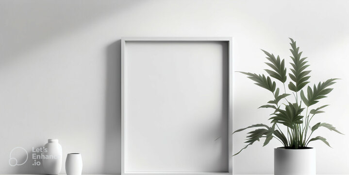 Blank square frame mockup for artwork or print on white wall with eucalyptus plant in vase, copy space. Generative AI