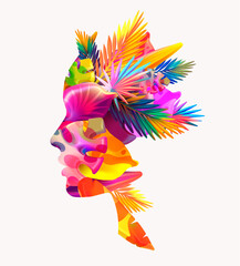 Women face with plants and flowers. Female profile and colorful 3D tropical leafs. 