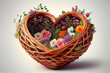 Fototapeta na wymiar Wonderful Empty wicker basket for flowers. Large nest for heart shape love, mix colo. Generative Ai