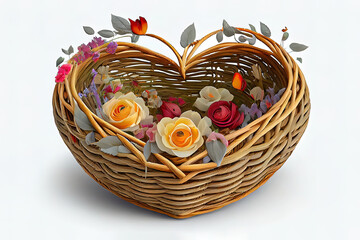 Fototapeta na wymiar Colorful easter eggs in brown basket with flower. Generative Ai