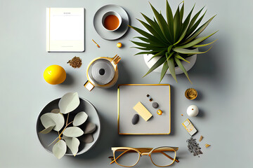 Flat lay composition and different accessories on light grey table. Generative Ai