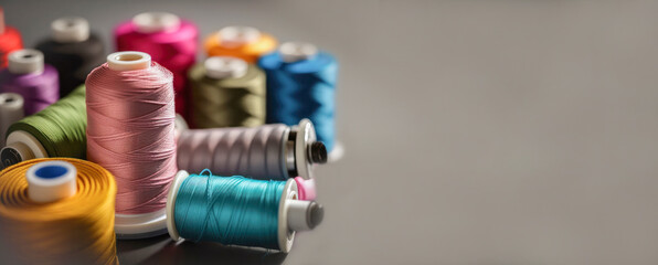 Different colorful sewing threads on wooden table, closeup