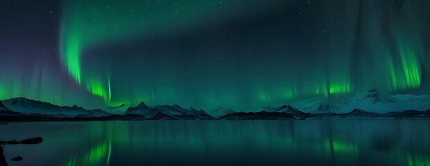 "Aurora Borealis in Norway: A Stunning Natural Winter Landscape. Green Northern Lights Above Mountains and Reflected on Water Surface."