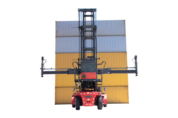 Side loader handling cargo container in import export logistic zone yard. Harbor for wait mother...