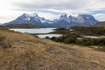 Lake and snowy mountains of Torres del Paine National Park in Chile, Patagonia, South America