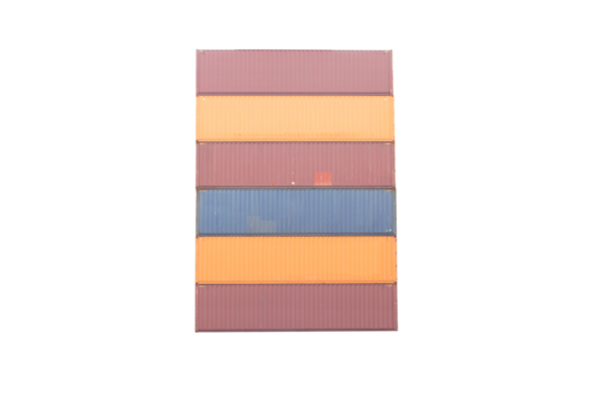 Stack of container six floors in ัyard harbor for wait mother vessel berth. At Lamchabang port Thailand. Industrial Container yard for Logistic Import Export business. Isolated on cutout PNG.