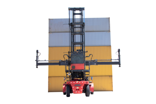 Side loader handling cargo container in import export logistic zone yard. Harbor for wait mother vessel berth business. At Lamchabang port Thailand  Industrial . Isolated on cutout PNG.