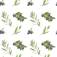 seamless pattern of watercolor drawings of black olive branches
