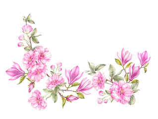 Obraz na płótnie Canvas Differents flower magnolia and sakura on white background. Watercolor floral illustration