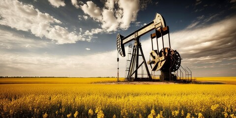 Petrol, fuel, oil production and fossil resources. Pump oils drilling derricks in fields. Energy crisis concept. AI image