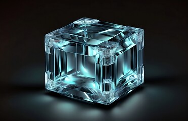 "Glass Cube with Illuminated Lights in the Dark. Futuristic Design Element."