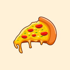 Pizza slice icon cartoon with melted cheese illustration, popular fast food in America