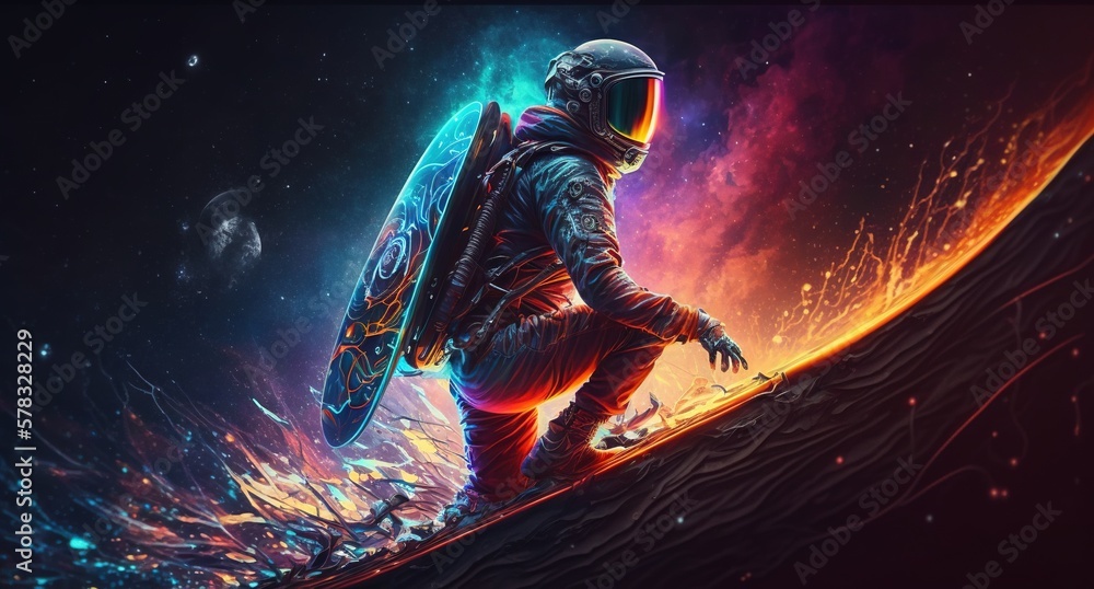 Wall mural vivid colorful illustrations of astronaut in space surfing on surfboard waves of galaxies generate a
