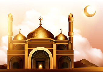 Mosque illustration. Golden mosque for Ramadan Kareem banner design template and background