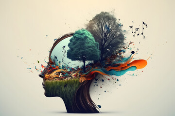 Mental health, creative music therapy, psychological concept. Profile female head silhouette, grass, tree, musical notes, double exposure. Generative ai illustration - obrazy, fototapety, plakaty