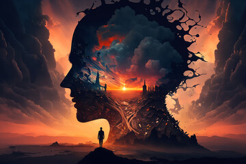 Dreaming, mental health, energy and spirituality, fantasy psychological concept. Silhouette of man on background of profile of head, colorful surreal consciousness. generative ai illustration - obrazy, fototapety, plakaty