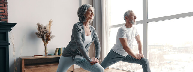Beautiful senior couple in sports clothing exercising at home together