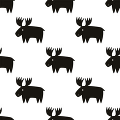 Seamless pattern with monochrome black moose, elk.