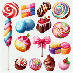 Watercolor colorful candy clip art set isolated on white background with copy space. Sweet food collection. Generative AI