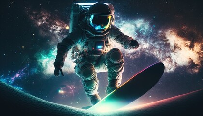 Obraz na płótnie Canvas Vivid colorful illustrations of astronaut in space surfing on surfboard waves of galaxies generate ai.