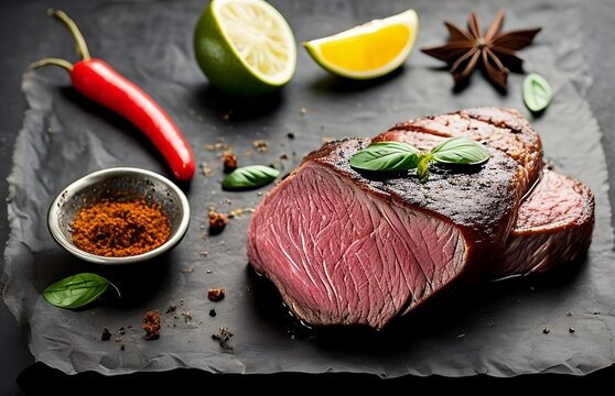 Carne jugosa en una superficie gris neutra. Deliciosa carne en una mesa minimalista