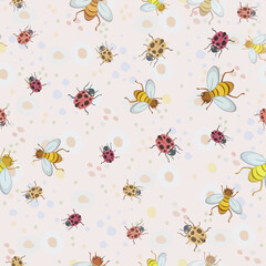 Vector seamless pattern with bees and ladybirds on pastel floral background. Summer concept.