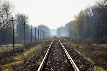 Railway tracks. Railway in the fog