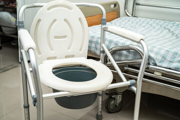 Flush toilet and shower chair in bathroom for old elder people.