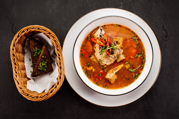 Traditional hungary soup bograch on wooden background