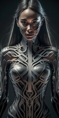 abstract beautiful female model in metal metal shiny dress generative AI