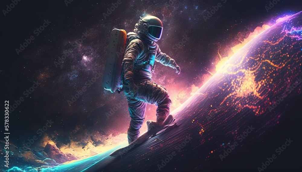 Canvas Prints vivid colorful illustrations of astronaut in space surfing on surfboard waves of galaxies generate a