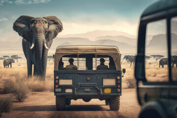 Experience Nature Up Close Safari in a Jeep and See Elephants in the Wild. Generative AI - obrazy, fototapety, plakaty