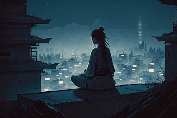  Woman meditating on a rooftop overlooking the city. Generative AI