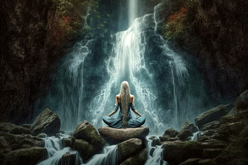 Fototapeta na wymiar Enjoy Peace and Tranquility Woman Meditates in Nature, Feels Renewed at Waterfall. Generative AI