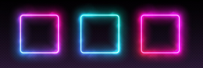 Gradient neon square frames with smoke, led borders with mist effect, transparent glowing haze. Avatar frames for game, futuristic UI design elements. Vector decorations. © Likanaris