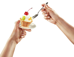 Fast food. Hand holding the cake with cherry and cream on transparent background.