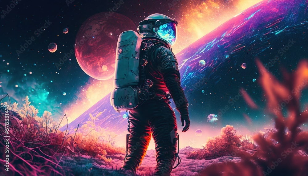 Wall mural vivid colorful illustrations of astronaut in space surfing on surfboard waves of galaxies generate a