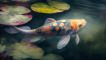 A colorful koi fish swimming in a tranquil pond, generative ai illustration in watercolor style